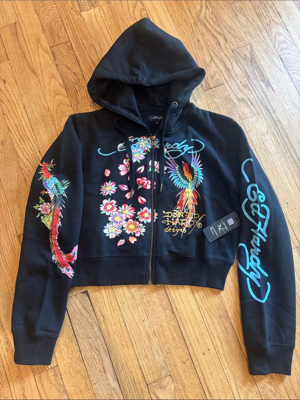Ed Hardy Cropped Hoodie with Colorful Parrot & Floral Prints